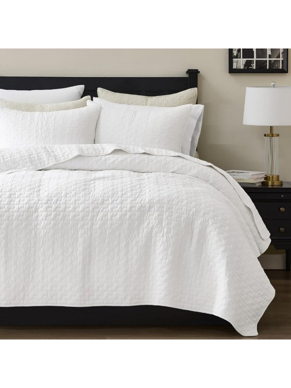 King Size White Cotton Quilt Set with 2 Pillow Shams - Soft Lightweight Coverlet